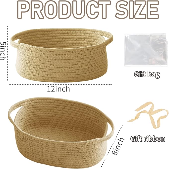 Woven Basket,Small Rope Storage Bin with Handles & Ribbon Bag, Organizer for Shelves Closets,Gift Basket Empty for Birthday,Books,Dog Toys, Jute/3 Pack