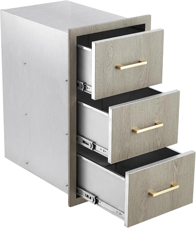 Stainless Steel Outdoor Kitchen Triple Drawers 16" W x 20.5" D x 28.5" H - Heavy Duty with Handles, Weather-Resistant Flush Mount for BBQ Island, Patio Grill & Outdoor Cooking Space