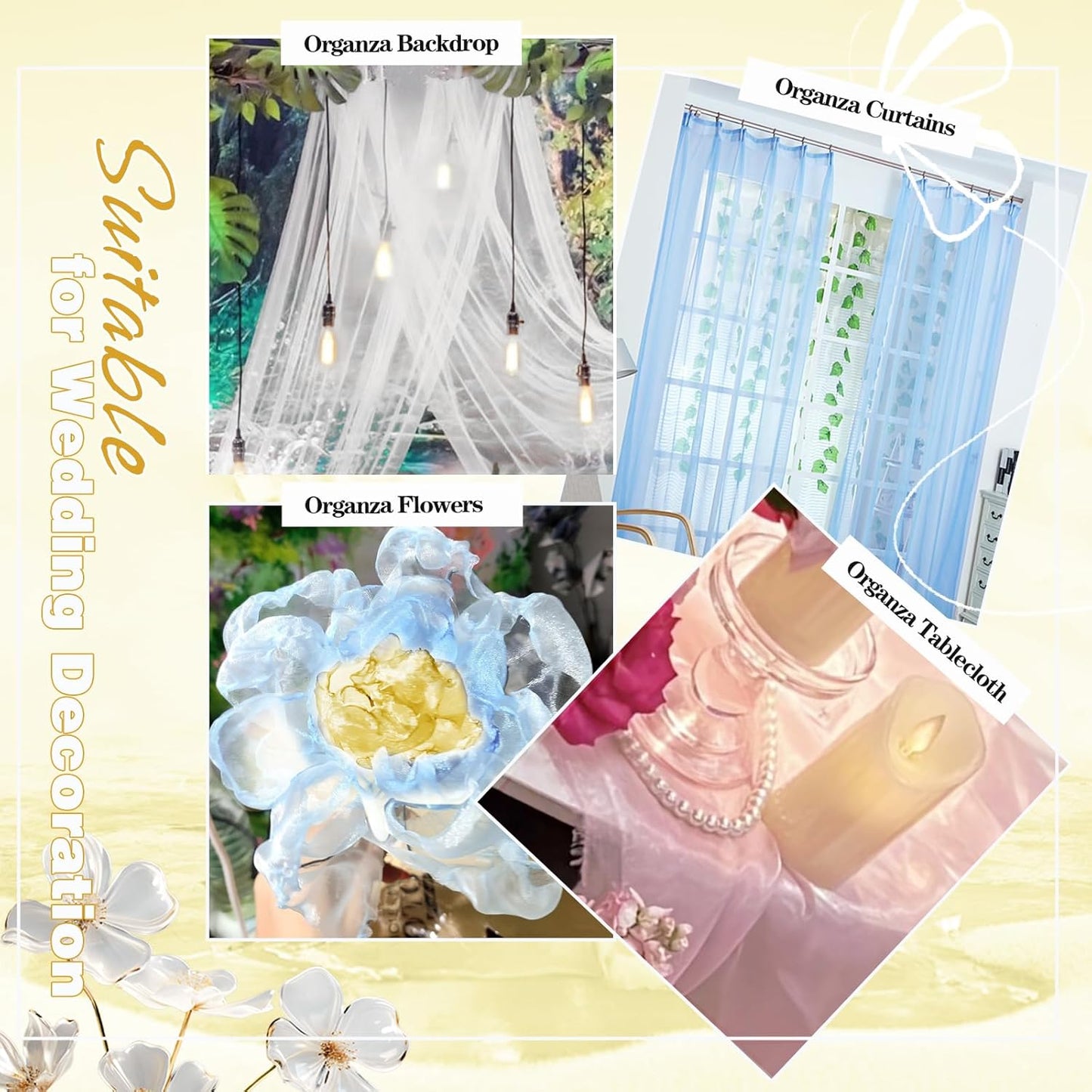 VACVELT Sheer Organza Fabric by The Yard, 60 Inch Wide Gold Organza Fabric Bolt Bridal Sheer Tulle Fabric, Silk Organza Fabric Roll for Wedding Party Decorations Backdrop Curtain (10 Yards)