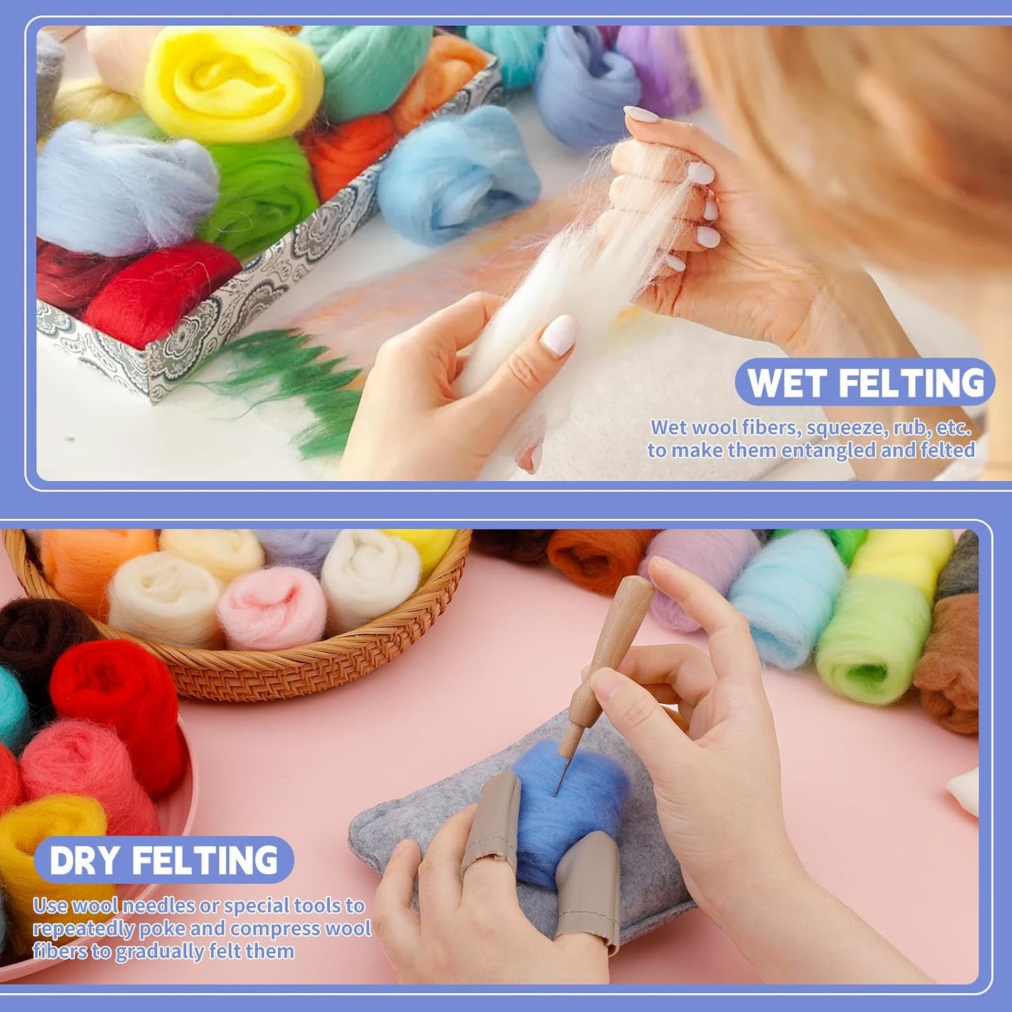 IMZAY 50 Colors 5.4 Oz Needle Felting Wool, 3g/Pack Wool Roving Yarn for Beginners, Fiber Wool Roving for DIY Hand Spinning, Felting Crafts, Needle Felt Roving DIY Craft, Black/White 5g Each