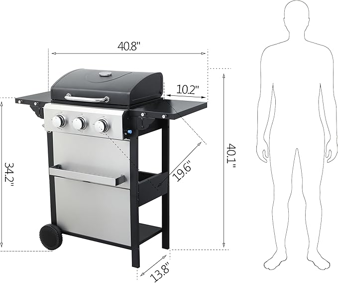 3-Burner Propane Gas BBQ Grill with Side Burner, 25650 BTU Output With Enameled Cast Iron Cooking Grids For Outdoor Barbecue, Stainless Steel