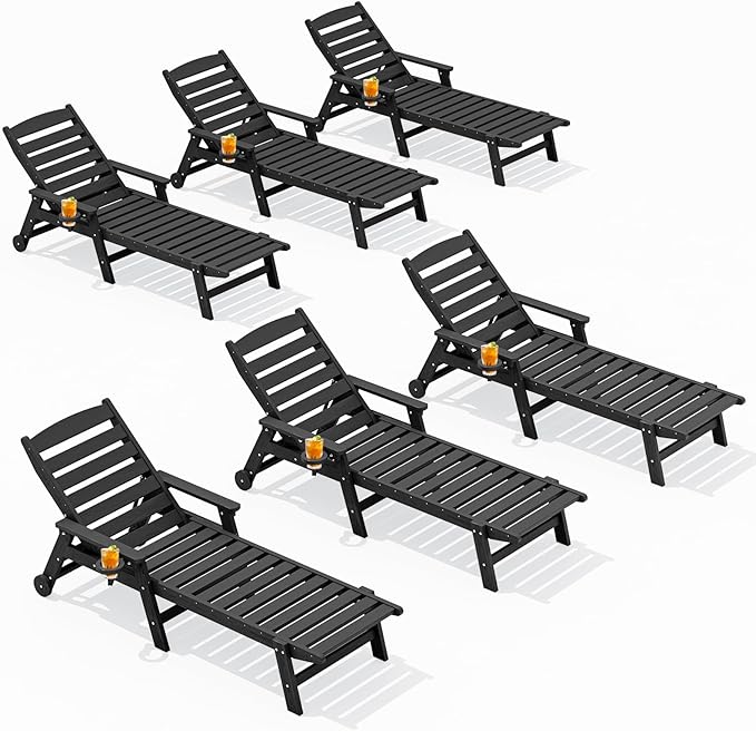SERWALL Patio Chaise Lounge Chair Set of 6, 5 Positions Adjustable Poly Outdoor Lounger for Pool, HDPE Lounge Chair with Rolling Wheels & Cup Holder for Poolside, Deck, Obsidian Black