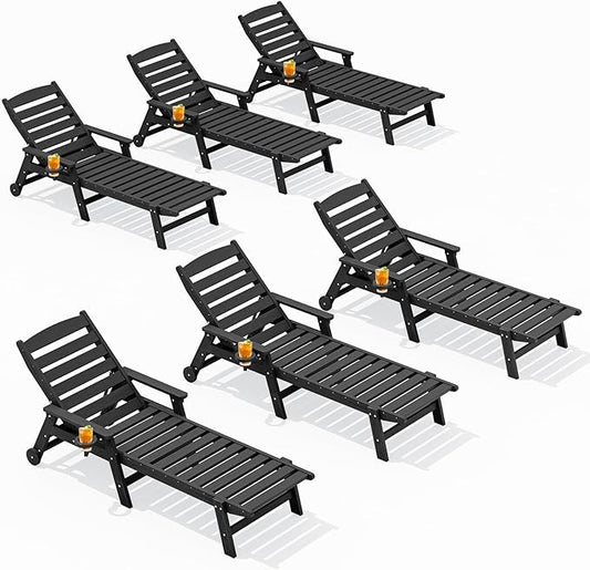 SERWALL Patio Chaise Lounge Chair Set of 6, 5 Positions Adjustable Poly Outdoor Lounger for Pool, HDPE Lounge Chair with Rolling Wheels & Cup Holder for Poolside, Deck, Obsidian Black