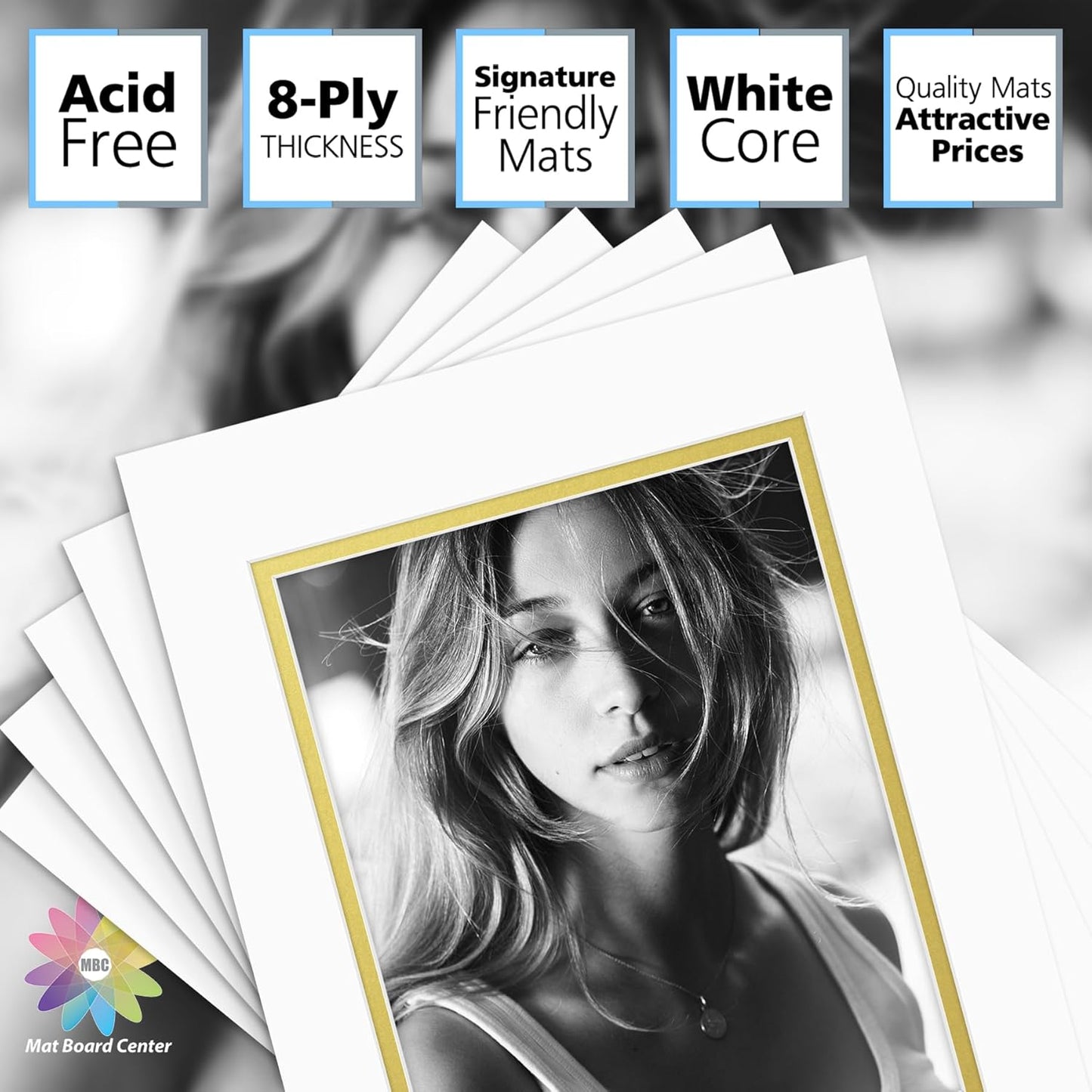 Mat Board Center, Double Mat - Acid Free, 8-ply Thickness, White Core - for Pictures, Photos, Framing (Off White Over Gold, 11x14 for 8x10, Pack of 5)