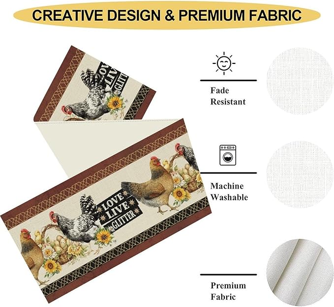 Farmhouse Rooster Table Runner, Rustic Vintage Chicken Egg Sunflower Floral Cow Hen Red Coffee Table Center Decor for Family Kitchen and Dining Room Outdoor Country Party Table Decorations, 13"x90"