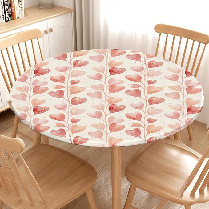 Valentines Day Round Fitted Tablecloth with Elastic Pink Love Heart Circle Table Cloth for 48-52" Round Tables Wipeable Waterproof Washable Valentine Hearts Table Cover for Picnic Dining Party Decor