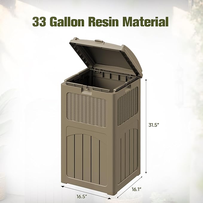 Devoko 33 Gallon Outdoor Trash Can, Hideaway Garbage Bins with Tiered Lid, Waterproof Resin Outside Waste Bins for Patio, Outside Pool, Backyard and Deck (1, Brown)