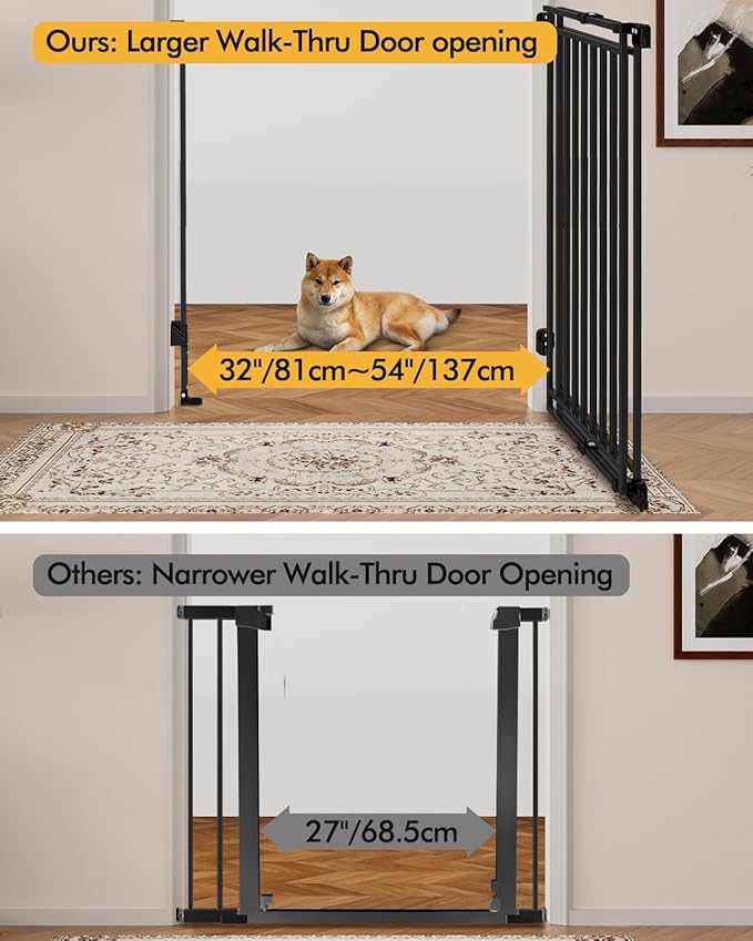 Baby Gate for Stairs Doorways & Kitchen, Extra Wide 32"-54" W x Extra Tall 39" H, No Bottom Bar Dog Gate, One-Handed Auto-Close, Hardware Mount Safety Gate for Dogs & Toddlers, Black