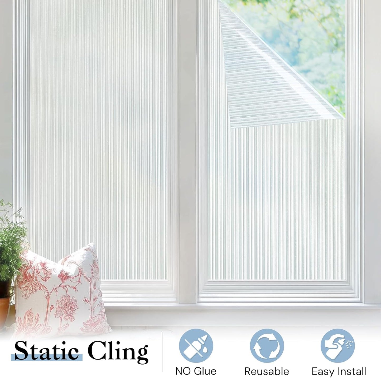 Haton Reeded Glass Window Privacy Film, Frosted Glass Window Film, Static Cling UV Blocking Stickers, Decorative Removable Cover for Bathroom Door Office, Non Adhesive 23.6" x 157.4"