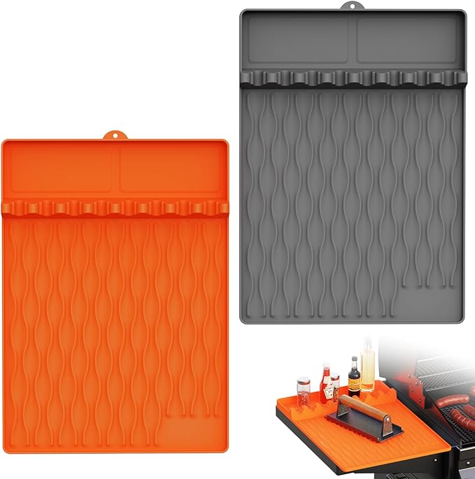 2-Pack Silicone Griddle Mat for Blackstone – Heat-Resistant Utensil Holder with Drip Tray, Non-Slip BBQ Tool Organizer for Grill, Kitchen Countertop & Outdoor Cooking Accessories（Grey&Orange）