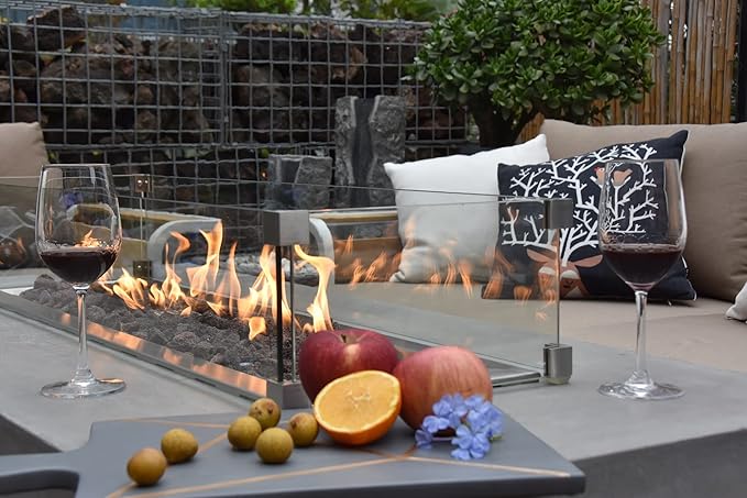 Elementi Granville Fire Pit Bundle Outdoor Firepit Set Includes 60” Propane Concrete Firepit Table, Glass Windscreen, Stainless Steel Cover, Tank Cover, Canvas Cover, Floor Mat, Ice Bucket