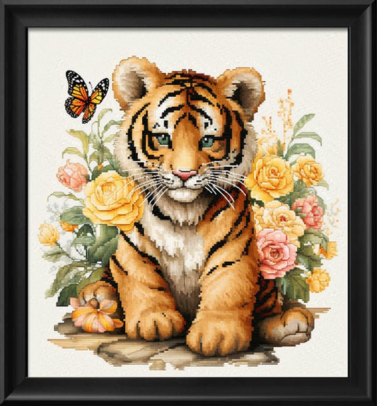 Leczany Cross Stitch Stamped Kit for Adults or Kids - Little Tiger and Butterfly | DIY Embroidery Starter Patterns Craft Kit Needlepoint for Beginner | 11CT, 3 Strands | 14.2x15.8 inches
