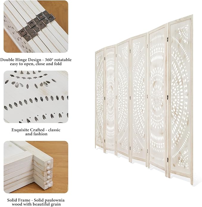 Room Divider Wood Carved Wall Divider Indoor Folding Bohemian Style Portable Partition Screen for Home Office Garden Terrace - 6 Panels (Antique, White-Washed)