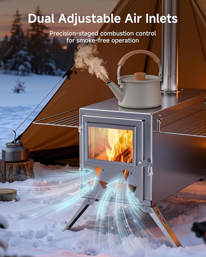 Sauna Hot Tent Stove, Camping Wood Burning Stove with 8 Stainless Chimney Pipes, Portable Folding Wood Stove for Tent, Outdoor Heating, Cooking, Ice Fishing, Hunting