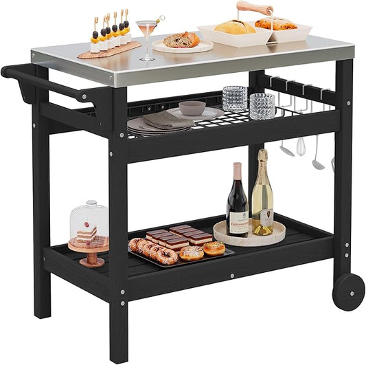 SERWALL Outdoor Grill Cart Table with Three Tier Storage Shelves, Movable Prep Cart, Weather-Resistant HDPE Material, Dining Cart Table for Outdoor Cooking, Four Hooks, Black
