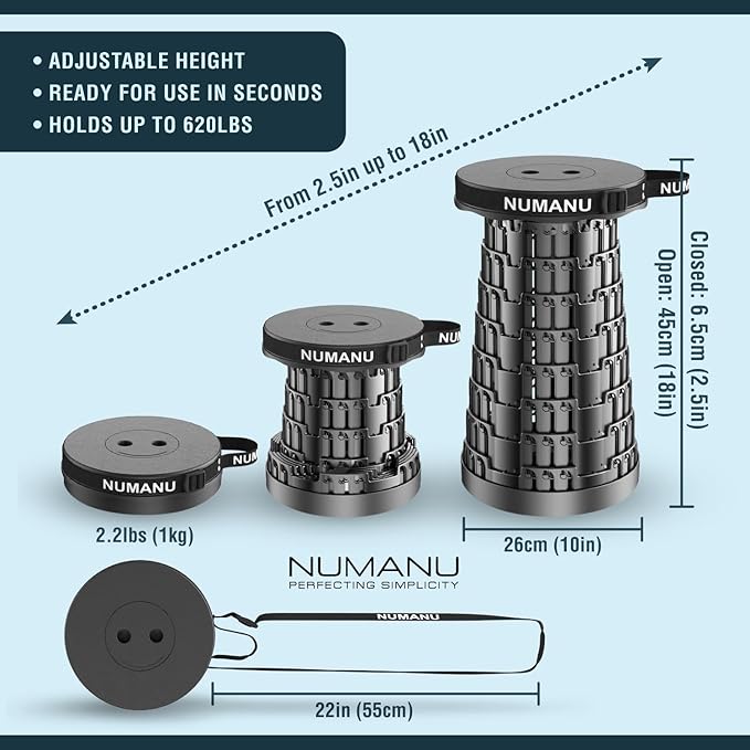 NUMANU 2025 Upgraded Collapsible Stool, Max 620lbs 2.5"-18" H Adjustable Portable Folding Stool for Adults, Retractable Foldable Telescopic Seat Camping Chair or Footrest (1PK Hard Seat)