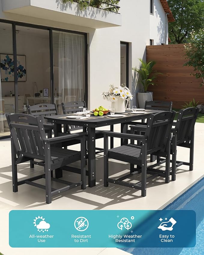Ciokea HDPE Outdoor Dining Table with Umbrella Hole,66" Rectangle Patio Table for 6,All-Weather Outdoor Patio Furniture Set for Garden Backyard,Black
