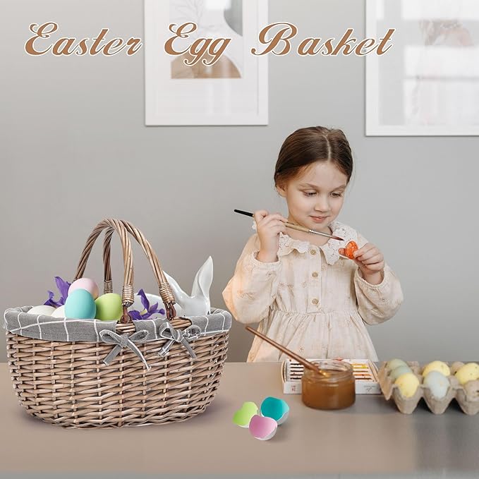 G GOOD GAIN Oval Picnic Basket with Folding Handles, Willow Hand Woven Shopping Basket, Bath Storage Gift Packing Basket, Wicker Empty Easter Eggs and Candy Small Gift Basket.GreyCheck