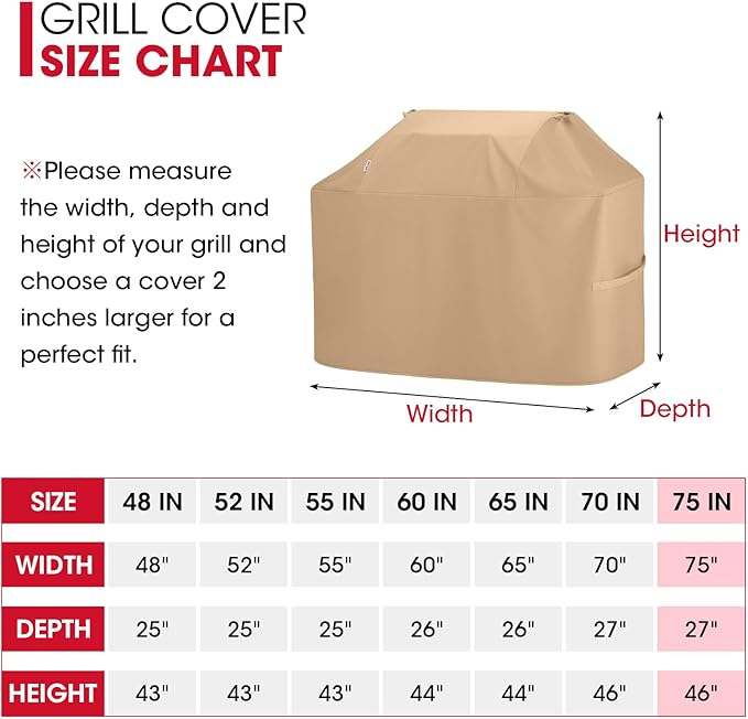 Unicook 75 Inch Grill Cover for Outdoor Grill, Heavy Duty Waterproof BBQ Cover for Outside, Compatible with Weber Char-Broil Nexgrill Kenmore Gas Grills up to 73”, All Weather Protection, Light Brown