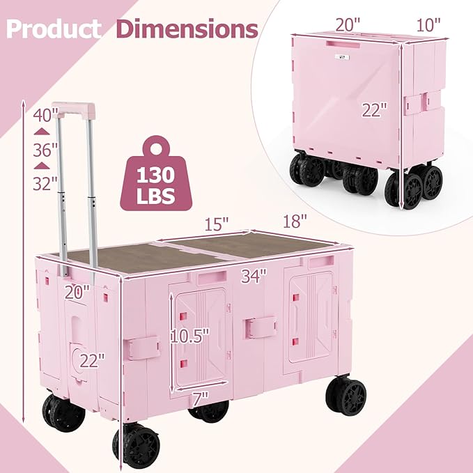 Goplus Large Foldable Utility Cart w/ 2-Tier Storage Crates, 5 Rotate Wheels, Metal Telescoping Handle, Portable Rolling Trolley Collapsible Cart for Grocery Shopping Camping & Travel