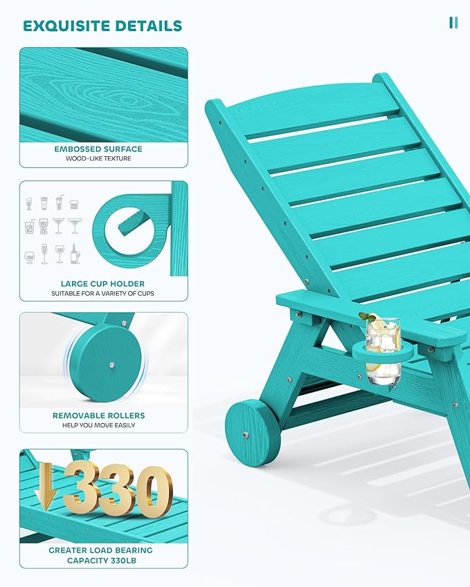 SERWALL Patio Chaise Lounge Chair, 78'' Long HDPE 5 Positions Adjustable Outdoor Lounger, Poly Lounge Chair with Rolling Wheels & Cup Holder for Pool, Aqua Blue
