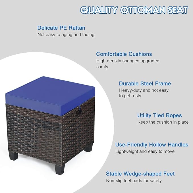 Tangkula 2 Pieces Outdoor Patio Ottoman, All Weather Rattan Wicker Ottoman Seat, Patio Rattan Furniture, Outdoor Footstool Footrest Seat w/Removable Cushions
