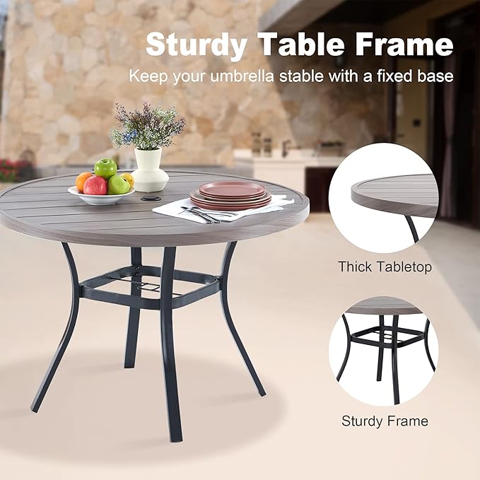 VICLLAX Round Patio Dining Table, 41 inch Metal Outdoor Dining Table with Umbrella Hole for Garden Lawn Balcony Deck,Grey