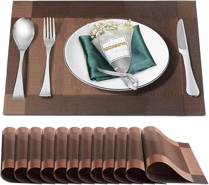 Placemats Set of 12,Washable,Heat and Stain Resistant Indoor/Outdoor Place mats,Vinyl Woven Non Slip Table Mats for Restaurant Table Protection,PVC Placemats(Brown,12PCS)