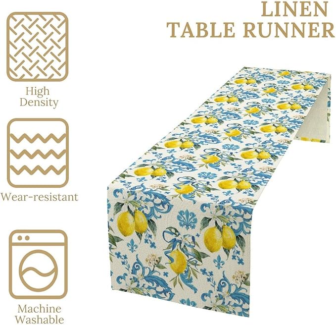 Lemon Flower Table Runner, Summer Fruit Sicilian Style Table Runner for Indoor Outdoor Kitchen Home Party Holiday Dining Table 13x108in