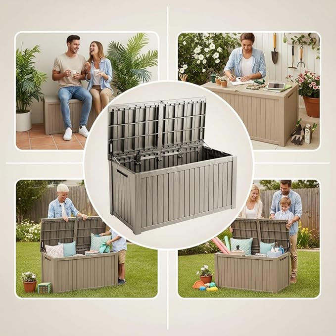 210 Gallon Outdoor Storage Bench Waterproof - Resin Deck Storage Chest for Patio & Pool, Lockable Outdoor Storage Box for Cushions & Tools, UV-Resistant, Granite Grey