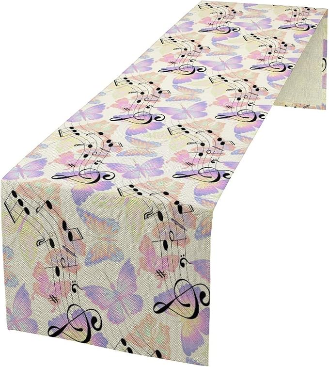 Music Butterfly Table Runner, Beautiful Musical Notes Spring Butterfly Background Print Table Runner for Holiday Kitchen Dining Outdoor Home Party 13x90in