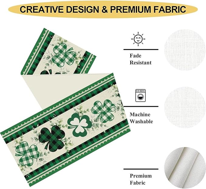 St.Patrick's Day Table Runner,Green Plaid Clover Eucalyptus Leaves Retro Linen Table Center Decor for Home Kitchen Dining Patio Holiday Party Indoor Decorations, 13"x108"