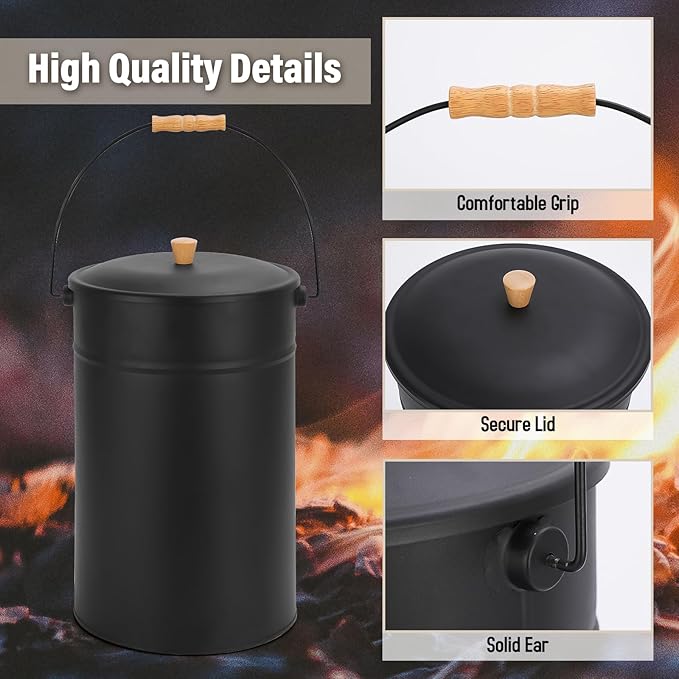 FEED GARDEN 5.15 Gallon Ash Bucket with Lid,Shovel,Broom Ash Can for Fireplace Fire Pits,Wood Stoves,Fireplace Galvanized Iron Bucket,Pellet Charcoal Bucket,Indoor Outdoor，Black