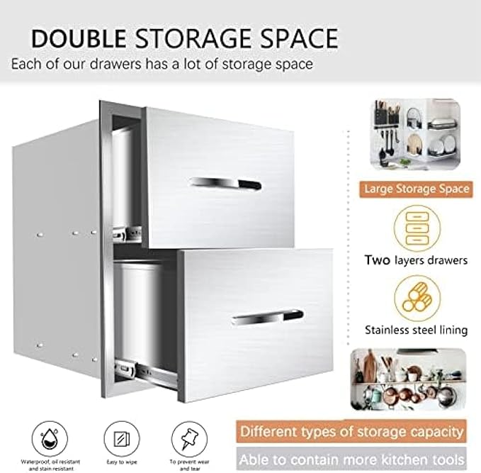 BBQ Outdoor Kitchen Drawers Stainless Steel 3-Drawer Enclosed Built-in Flush Mount for Outdoor Kitchens & Islands, 14Wx23Dx15H
