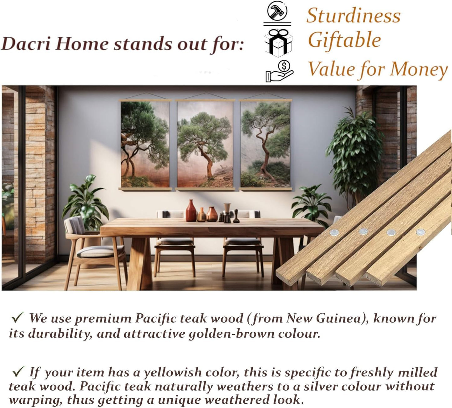 36" Sturdy Magnetic Poster Hanger,Sleek Poster Frame of Teak Wood with Strong Magnets for Safely Hanging Maps Pictures Canvas Scrolls Print Wall Art, Dacri Home (36 Inch, Natural Wood)