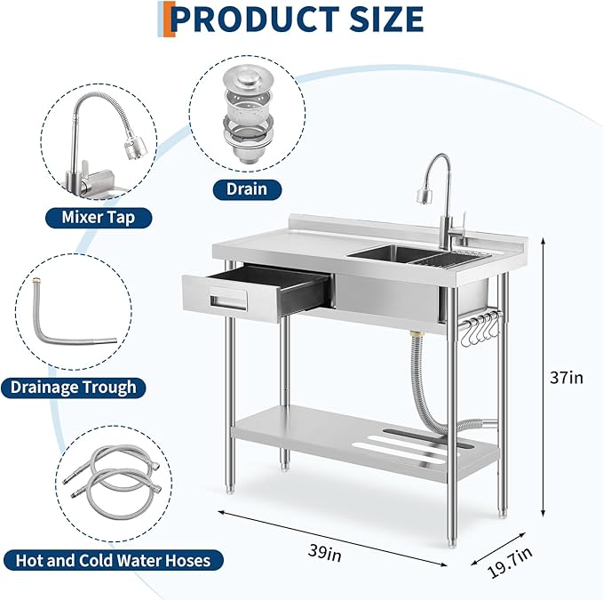 Freestanding Stainless Steel Utility Sink with Workbench, Left Drawer, Commercial Kitchen Sink with Faucet, Hot & Cold Water, Storage Shelf, S-Hook, Knife Holder, Adjustable Leg for Indoor Outdoor