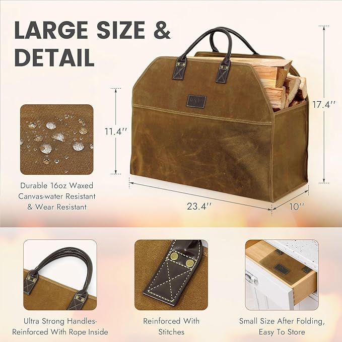 INNO STAGE Heavy Duty Wax Canvas Log Carrier Tote,Large Fire Wood Bag,Durable Firewood Holder,Canvas Shopping Bags, Fireplace Wood Stove Accessories Storage Bag for Fire Pit for Camping, BBQ Barbecue