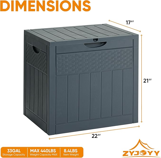 ZYJOYY 33 Gallon Resin Deck Box, Weatherproof Outdoor Storage Box for Patio, Garden, Pool, and Yard, Lockable Waterproof Bin for Tools, Cushions, and Accessories, Grey
