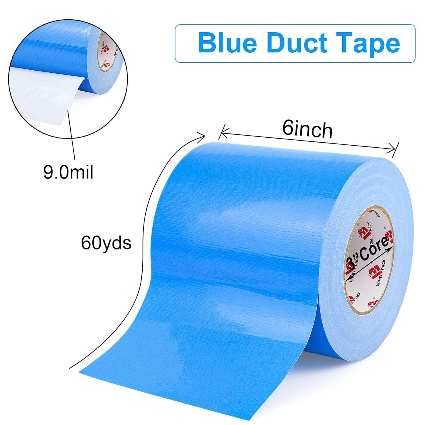 BOMEI PACK 6" Blue Duct Tape,Wider Roll,6 Inches x 60 Yards,9 Mil Thick Heavy Duty,Waterproof,Flexible,No Residue and Tear by Hand,Multi-Use for Indoor & Outdoor Repairs