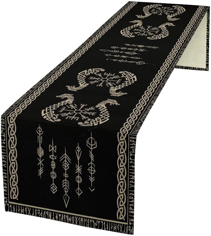 Viking Table Runner, Raven Ancient Rune Dragon Totem Norse Mystical Geometric Table Runner for Kitchen Dining Party Holiday Banquet 13x60in