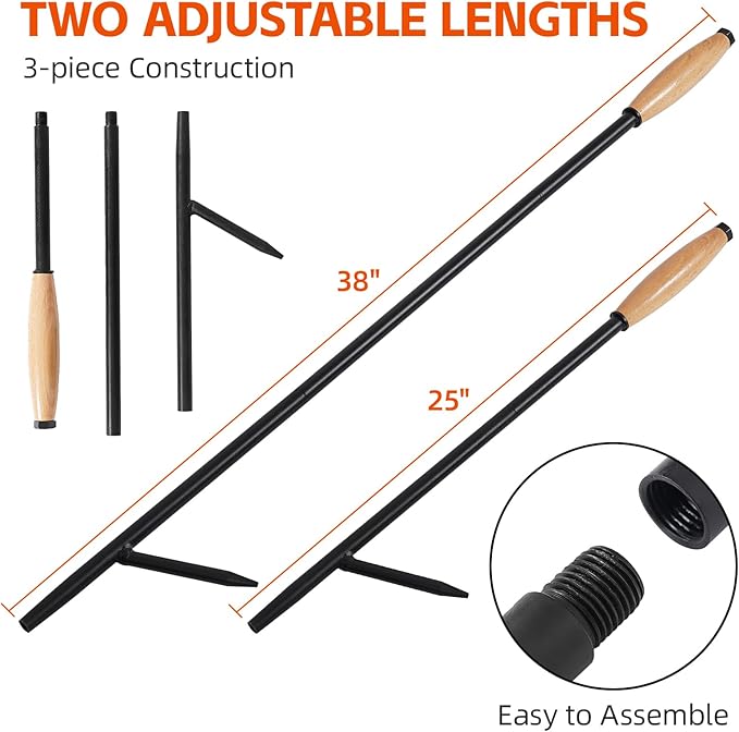 Fire Poker for Fire Pit Outdoor, 38 Inch Extra Long Iron Campfire Poker, 3 Part Assembled Fireplace Poker with Blower Poke and Wooden Handle for Indoor Wood Stove, Outdoor Camping, Bonfires