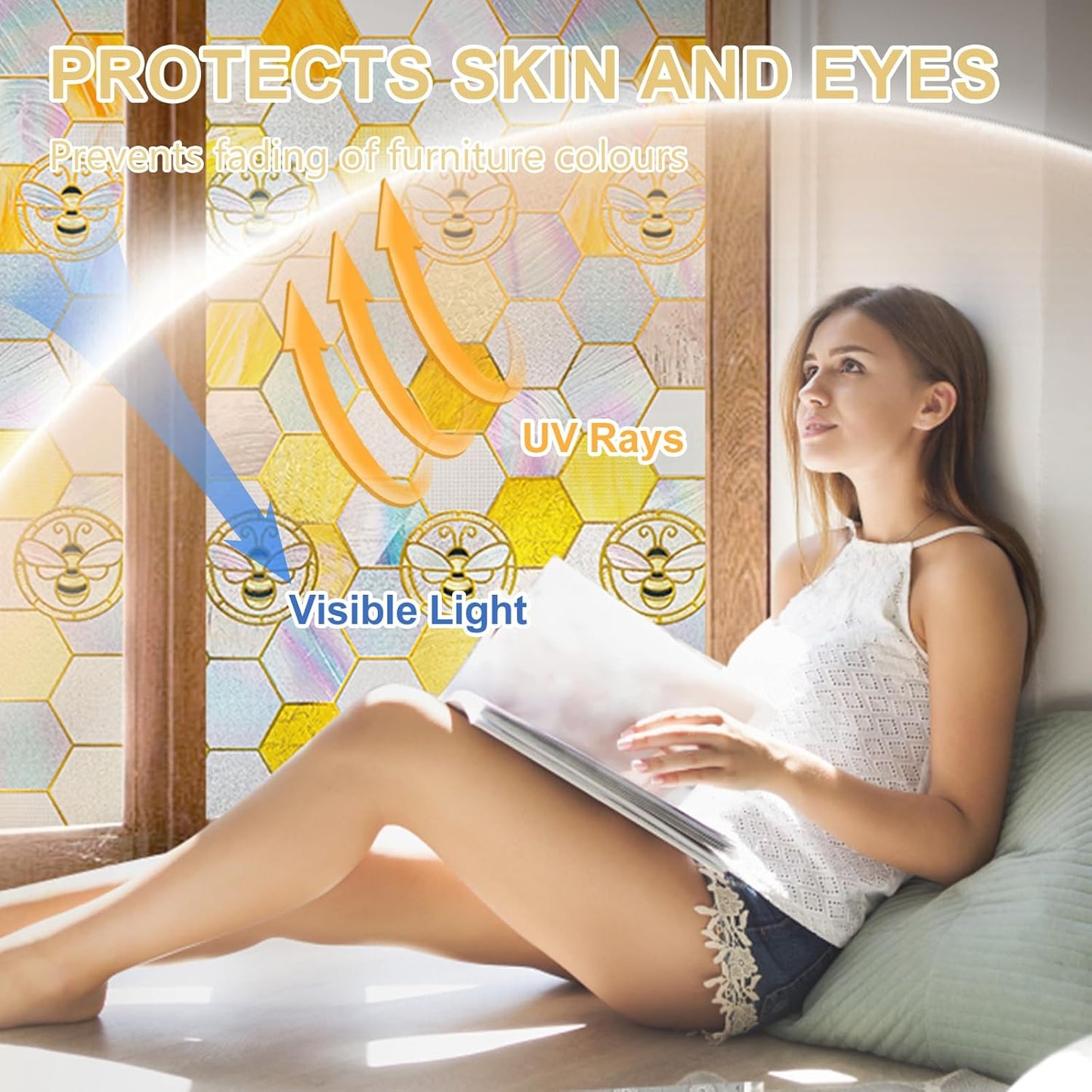 3D Stained Glass Window Privacy Film, Heat Control UV Blocking Static Cling Decorative Window Film for Bathroom,Front Door,Home Non Adhesive, Honey 16.9 x 39.3 inches