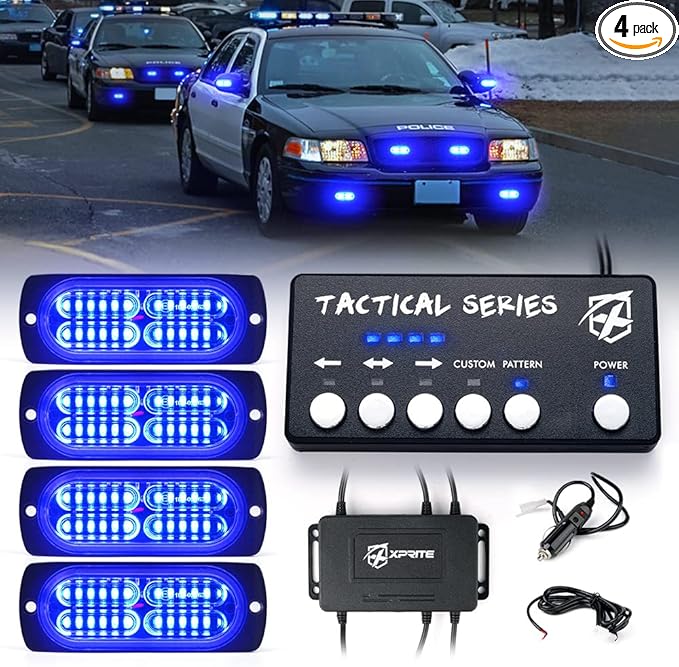 Xprite 24 LED Blue Surface Mount Strobe Police Lights Kit, Emergency Safety Warning Flashing Grille Safety Cop Marker Light Assembly for Volunteer Vehicles Trucks ATV UTV Motorcycle 4PCS
