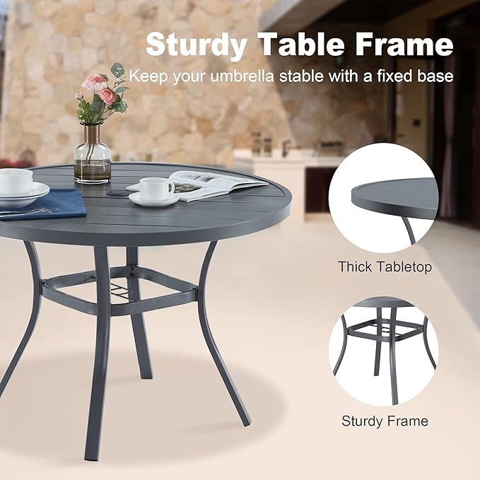 VICLLAX Round Patio Dining Table, 41 inch Metal Outdoor Dining Table with Umbrella Hole for Garden Lawn Balcony Deck, Dark Grey