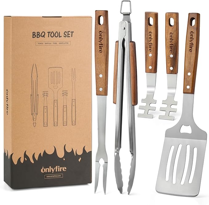 onlyfire 5PCS BBQ Tools, Heavy Duty Grill Kit with Wood Handles for Outdoor Camping, Multifunctional Griddle Utensil Set Including BBQ Spatula, Barbecue Tong, Meat Fork and Grate Liftes