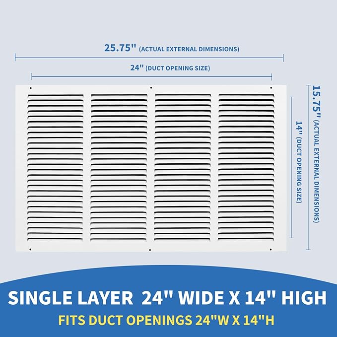 24x14 Return Air Grille (Duct Opening Size), Air Return Vent Cover, AC Vent Cover, Cold Air Return Vent Cover, Flat Return Air Grilles, Outer Dimensions:25.75"W x 15.75"H (24"W x 14"H, Duct Opening)