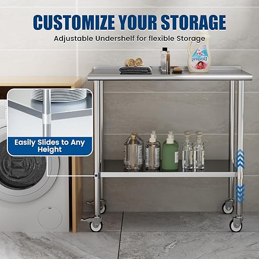Stainless Steel Work Table with Wheels, 24x48 Inch NSF Food Prep Table with Backsplash & Adjustable Undershelf for Commercial Kitchen, Restaurant, Garage
