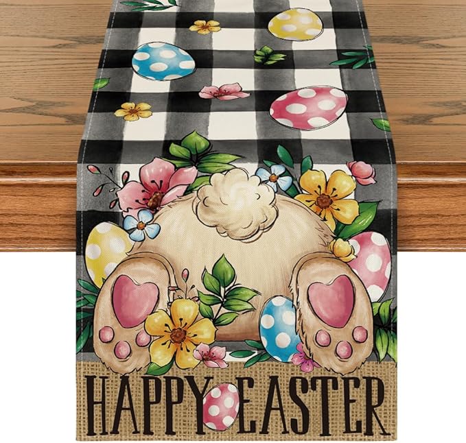 Artoid Mode Buffalo Plaid Bunny Egg Flowers Happy Easter Table Runner, Seasonal Spring Kitchen Dining Table Decor for Home Party Decor 13x60 Inch