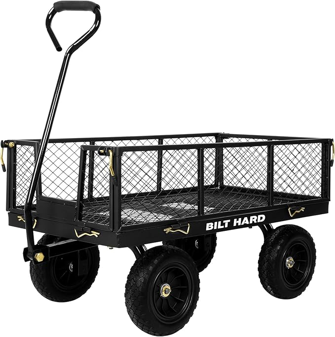BILT HARD 400 lbs 10" Rubber Tires Steel Garden Cart with 180° Rotating Handle and Removable Sides, 4 Cu.Ft Capacity Utility Heavy Duty Garden Carts and Wagons