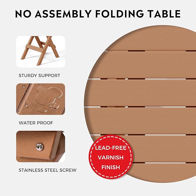 Costaelm Paradise HDPE Outdoor 24.5 Inch Round Portable Folding Patio Dining Table, Teak